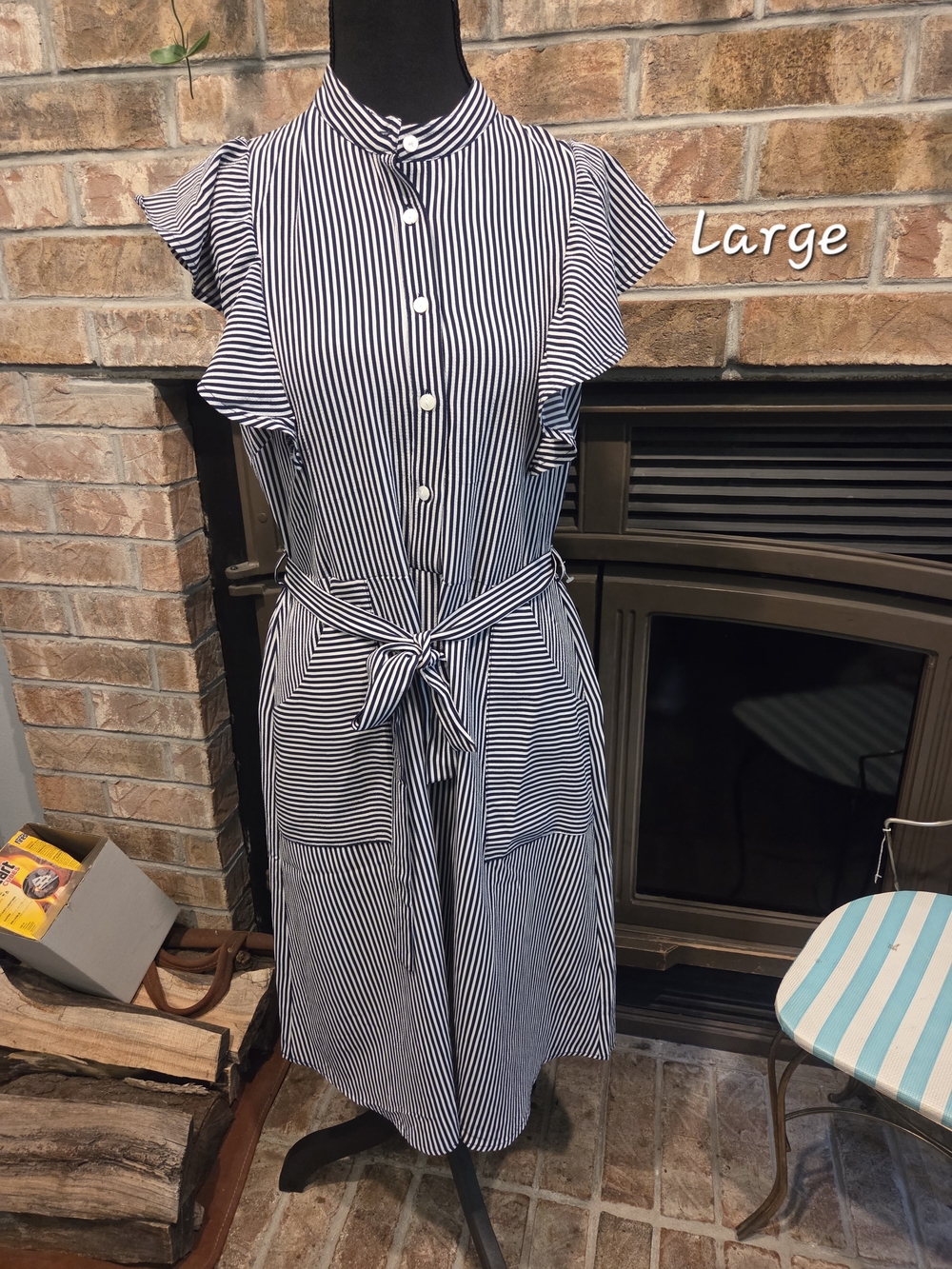 Monteau Navy and White Striped Tie-Waist Midi Dress